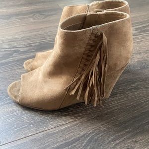 Taupe suede fringe wedge booties